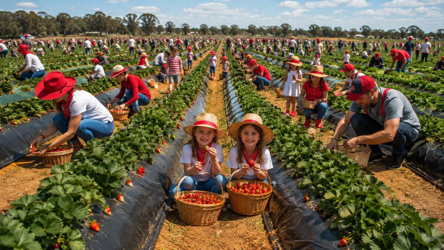 Aerial view of hundreds of people picking strawberries across the rows