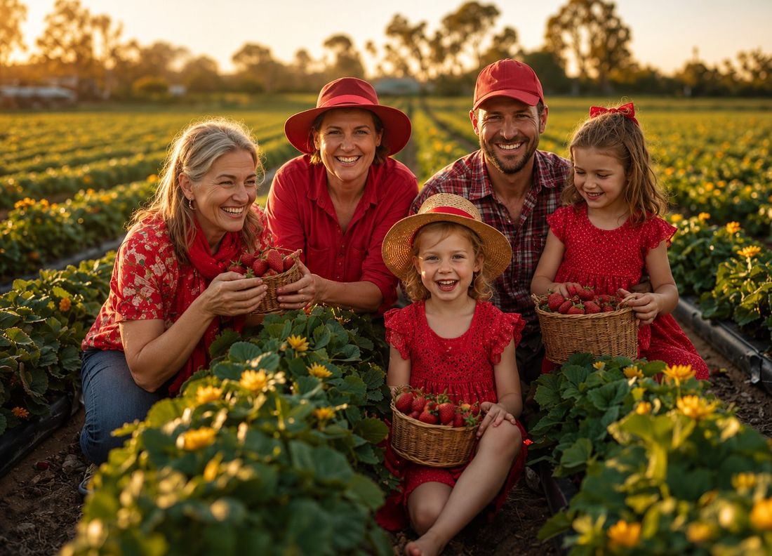 A family kneeling in the strawberry rows with baskets of fresh fruit
