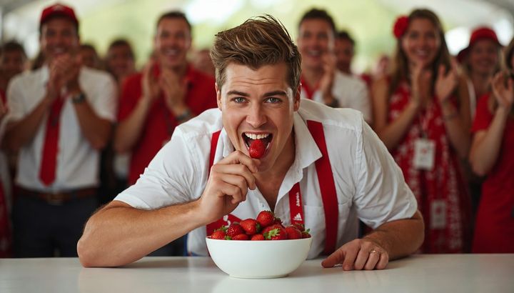 A challenger eating strawberries in front of a cheering crowd