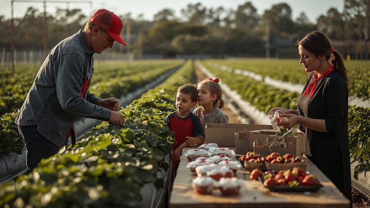 A family buying strawberries at the farm gate