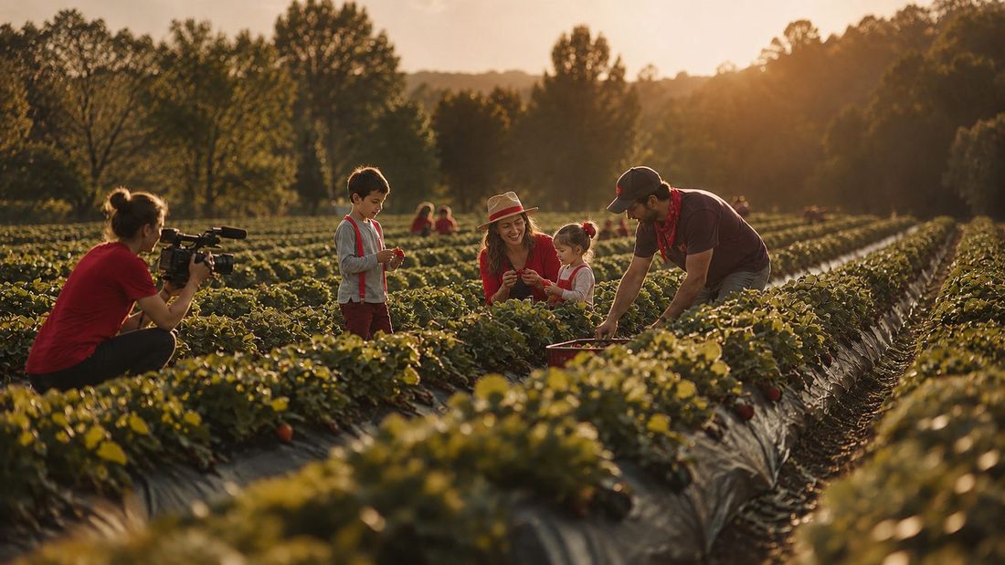 Camera crew filming families picking strawberries at golden hour