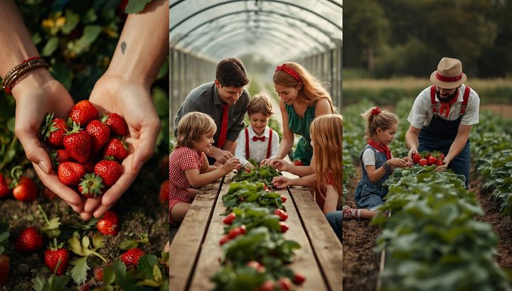 Hands holding freshly picked strawberries and families picking in the rows