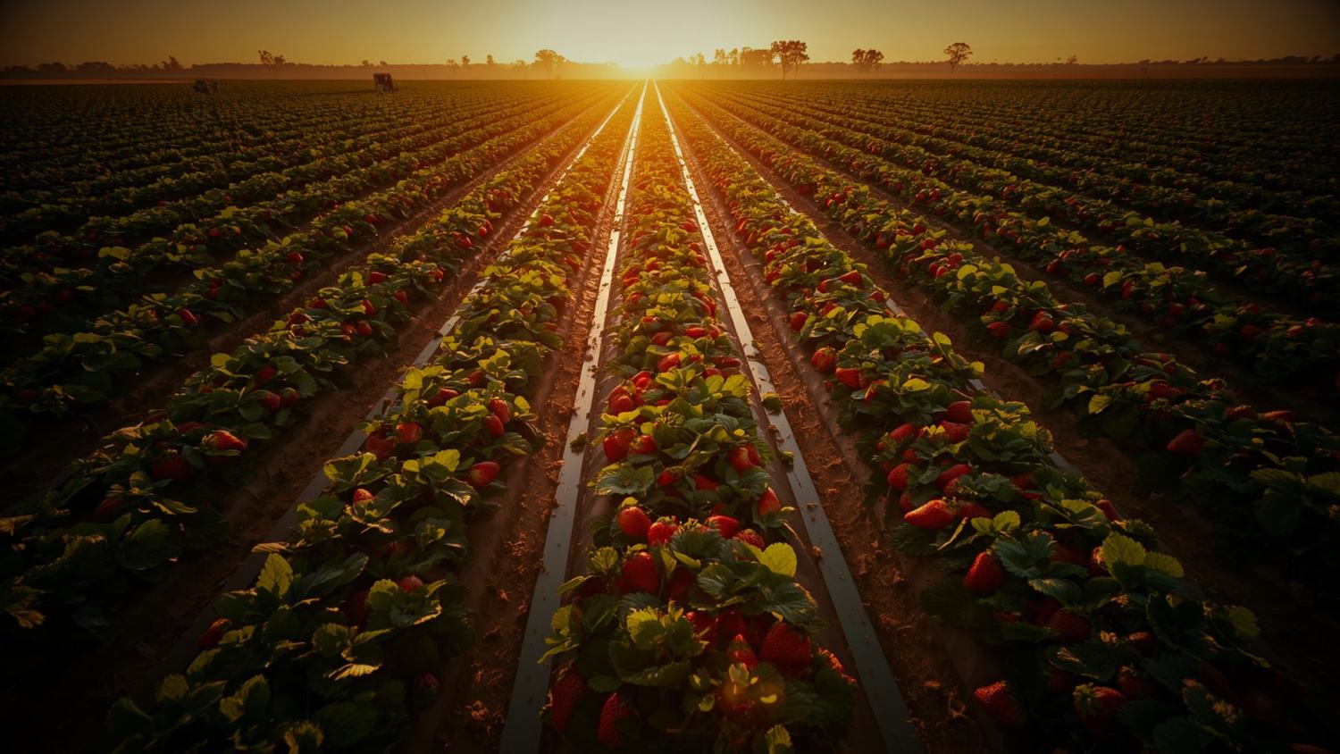 Rows of strawberries stretching to the horizon at sunrise on the SSS Strawberries farm