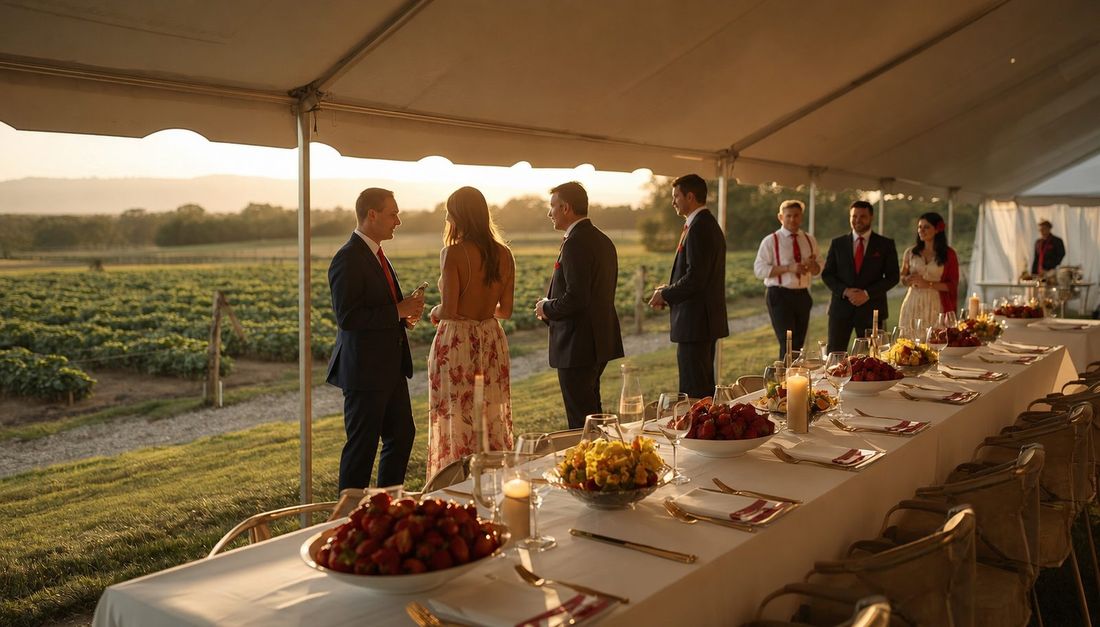 Partners hosted at a long table overlooking the strawberry fields at sunset
