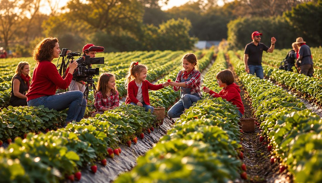 Families picking strawberries together across a large open field on a sunny day