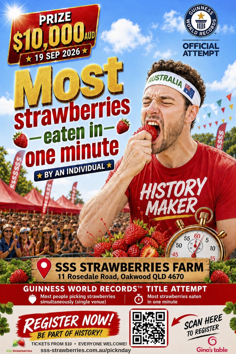 Poster: Most strawberries eaten in one minute by an individual — $10,000 AUD prize, 19 September 2026