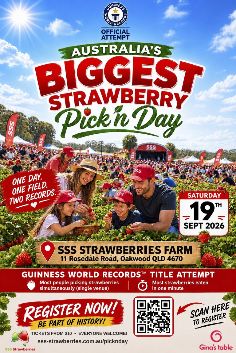 Poster: Australia's Biggest Strawberry Pick'n Day, 19 September 2026 — most people picking strawberries simultaneously