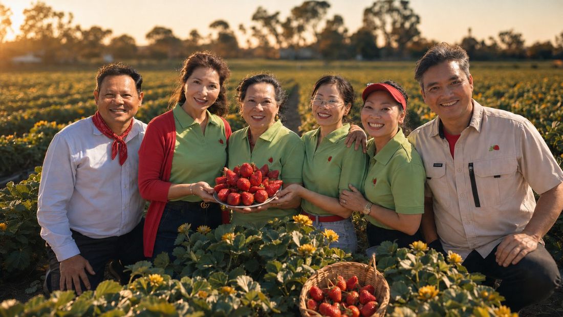 The SSS Strawberries team standing in the field at sunset holding a plate of strawberries