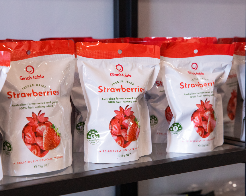 Packaged Gina's Table freeze-dried strawberries from SSS Strawberries, Bundaberg, Queensland